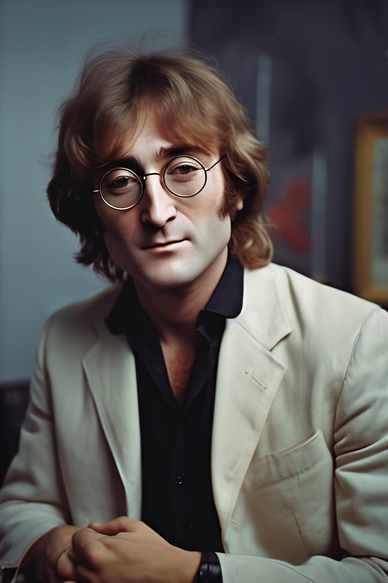 RAW natural photo of john lennon, hungry, no muscles, slim boby, realisct, no friendly, ((full body)), sharp focus, depth of field, shoot, ,side shot, side shot, ultra hd, realistic, vivid colors, highly detailed, perfect composition, 8k artistic photography, photorealistic concept art, soft natural volumetric cinematic perfect light, black background studio,OHWX,OHWX WOMEN 