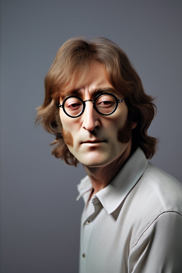 RAW natural photo of john lennon, hungry, no muscles, slim boby, realisct, no friendly, ((full body)), sharp focus, depth of field, shoot, ,side shot, side shot, ultra hd, realistic, vivid colors, highly detailed, perfect composition, 8k artistic photography, photorealistic concept art, soft natural volumetric cinematic perfect light, black background studio,OHWX,OHWX WOMEN 