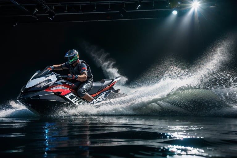 jetski in a photographic studio, back stage realistic photography, 50mm 1.4f, natural lowlight, high res, dark ,photography,high resolution faces, hiper realistic water, black google helmet, photo more landscape
,shodanSS_soul3142