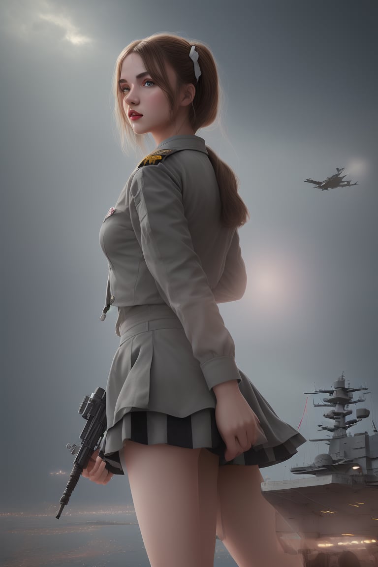 air traffic signaler in aircraft carrier, landing combat plane , 
 BEST QUALITY, MASTERPIECE, PHOTOREALISTIC:1.9, DRAMATIC LIGHT, infinite mirror background,
,colorful_girl_v2,arshadArt,alluring_lolita_girl,anamr