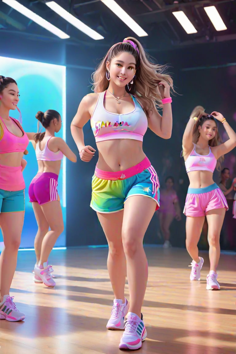 fat zumba trainer, zumba class in action, adidas sponsor
 BEST QUALITY, MASTERPIECE, PHOTOREALISTIC:1.9, DRAMATIC LIGHT, infinite mirror background,
,colorful_girl_v2,arshadArt,alluring_lolita_girl