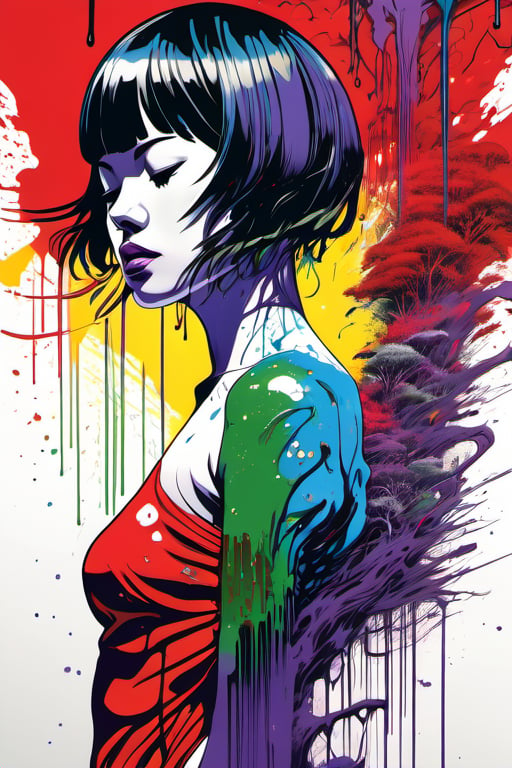 (Masterpiece:1.2), ((intricate details)), cover art, chaos, , 1girl, japanese girl, short hair, black hair, bangs, hair on forehead, high quality, (red, blue, yellow, purple, green ink), ((front view)), face dripping, clothes dripping, ink dripping, (addnet weight 1:1.0), (double exposure), ink scenery, FULL NAKED. NUDE, HALF BODY