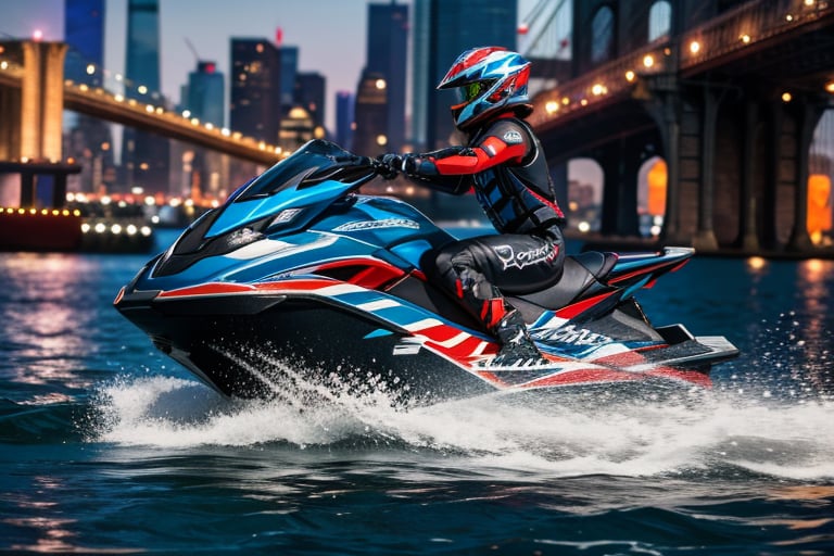 jetski in a port of  new york city i realistic photography, 50mm 1.4f, natural lowlight, high res, dark ,photography,high resolution faces, hiper realistic water, black google helmet