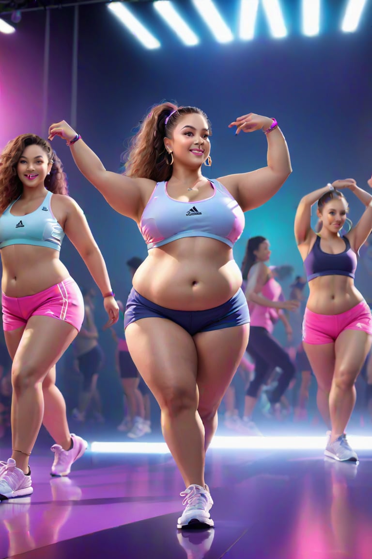 fat zumba trainer, zumba class in action, adidas sponsor
 BEST QUALITY, MASTERPIECE, PHOTOREALISTIC:1.9, DRAMATIC LIGHT, infinite mirror background,
,colorful_girl_v2,arshadArt,alluring_lolita_girl