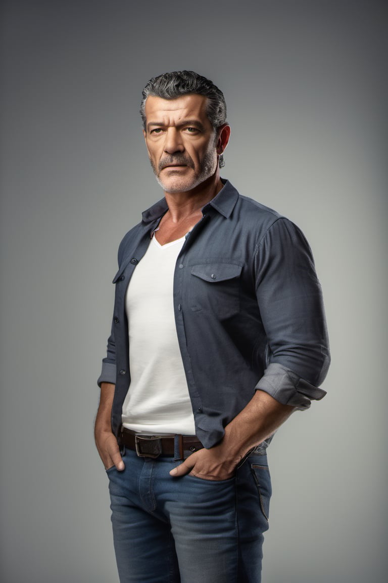 RAW natural photo of antonio banderas, hungry, no muscles, slim boby, realisct, no friendly, ((full body)), sharp focus, depth of field, shoot, ,side shot, side shot, ultra hd, realistic, vivid colors, highly detailed, perfect composition, 8k artistic photography, photorealistic concept art, soft natural volumetric cinematic perfect light, black background studio,OHWX,OHWX WOMEN 