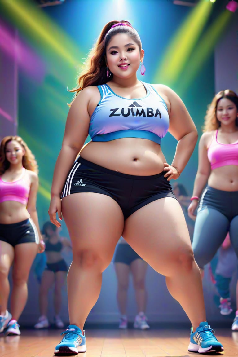 fat zumba trainer, zumba class in action, adidas sponsor
 BEST QUALITY, MASTERPIECE, PHOTOREALISTIC:1.9, DRAMATIC LIGHT, infinite mirror background,
,colorful_girl_v2,arshadArt,alluring_lolita_girl