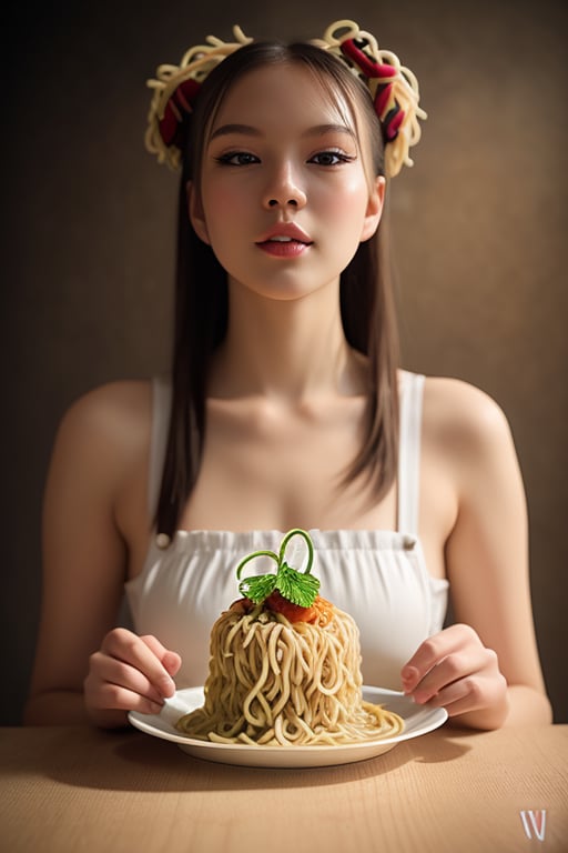 shooting foodstyling, flying spaghetti
 BEST QUALITY, MASTERPIECE, PHOTOREALISTIC:1.9, DRAMATIC LIGHT, infinite mirror background,
,colorful_girl_v2,arshadArt,alluring_lolita_girl,anamr