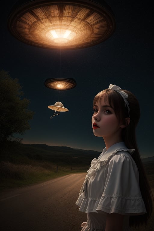 UFO abducting one girl, alt night in far away land,outdoor
 BEST QUALITY, MASTERPIECE, PHOTOREALISTIC:1.9, DRAMATIC LIGHT, infinite mirror background,
,colorful_girl_v2,arshadArt,alluring_lolita_girl,anamr