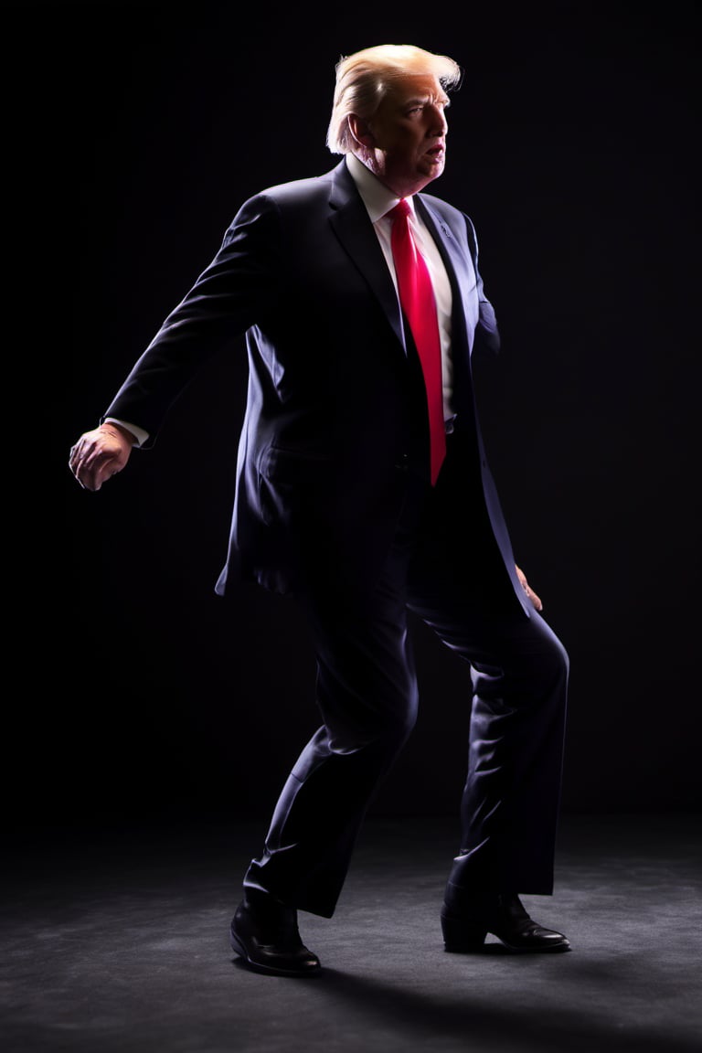 RAW natural photo OF donald trump dancing moonwalk
 , slim body, realisct, no friendly, ((full body)), sharp focus, depth of field, shoot, ,side shot, side shot, ultra hd, realistic, vivid colors, highly detailed, perfect composition, 8k artistic photography, photorealistic concept art, soft natural volumetric cinematic perfect light, black background studio, ,OHWX, naked, full nude,OHWX WOMEN,