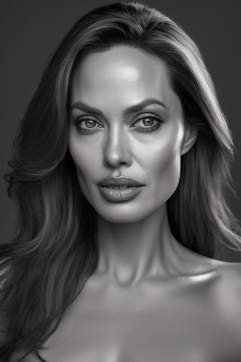 RAW natural photo of Angelina Jolie realistic, no muscles, slim boby, realisct, no friendly, ((full body)), sharp focus, depth of field, shoot, ,side shot, side shot, ultra hd, realistic, vivid colors, highly detailed, perfect composition, 8k artistic photography, photorealistic concept art, soft natural volumetric cinematic perfect light, black background studio,OHWX,OHWX WOMEN 