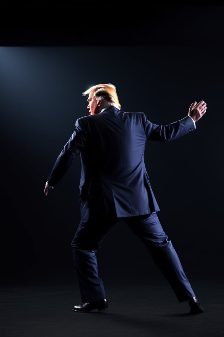 RAW natural photo OF donald trump dancing moonwalk
 , slim body, realisct, no friendly, ((full body)), sharp focus, depth of field, shoot, ,side shot, side shot, ultra hd, realistic, vivid colors, highly detailed, perfect composition, 8k artistic photography, photorealistic concept art, soft natural volumetric cinematic perfect light, black background studio, ,OHWX, naked, full nude,OHWX WOMEN,