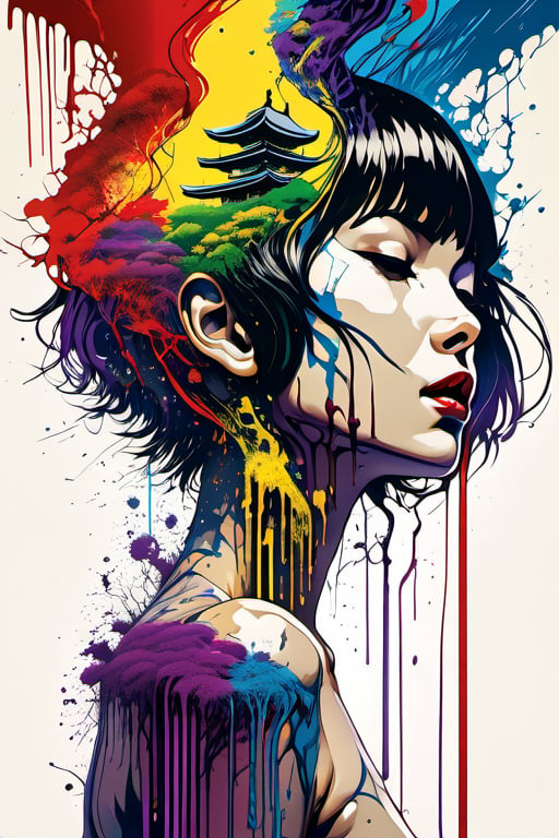 (Masterpiece:1.2), ((intricate details)), cover art, chaos, , 1girl, japanese girl, short hair, black hair, bangs, hair on forehead, high quality, (red, blue, yellow, purple, green ink), ((front view)), face dripping, clothes dripping, ink dripping, (addnet weight 1:1.0), (double exposure), ink scenery, FULL NAKED. NUDE, HALF BODY