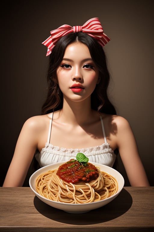 shooting foodstyling, spaghetti and sauce flying 
 BEST QUALITY, MASTERPIECE, PHOTOREALISTIC:1.9, DRAMATIC LIGHT, infinite mirror background,
,colorful_girl_v2,arshadArt,alluring_lolita_girl,anamr