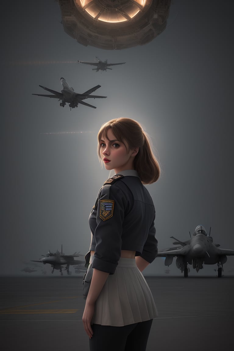 air traffic signaler in aircraft carrier, landing combat plane , 
 BEST QUALITY, MASTERPIECE, PHOTOREALISTIC:1.9, DRAMATIC LIGHT, infinite mirror background,
,colorful_girl_v2,arshadArt,alluring_lolita_girl,anamr