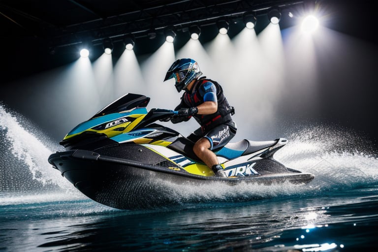 jetski in a photographic studio, back stage realistic photography, 50mm 1.4f, natural lowlight, high res, dark ,photography,high resolution faces, hiper realistic water, black google helmet, photo more landscape
