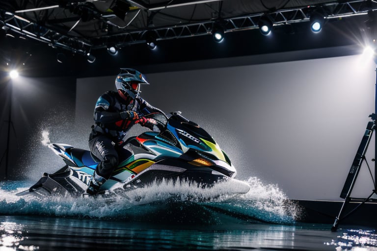 jetski in a photographic studio, back stage realistic photography, 50mm 1.4f, natural lowlight, high res, dark ,photography,high resolution faces, hiper realistic water, black google helmet, photo more landscape
,shodanSS_soul3142