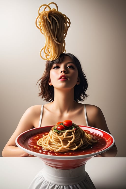 shooting foodstyling, flying tornado of spaghetti, splash of tomato sauce
 BEST QUALITY, MASTERPIECE, PHOTOREALISTIC:1.9, DRAMATIC LIGHT, infinite mirror background,
,colorful_girl_v2,arshadArt,alluring_lolita_girl,anamr