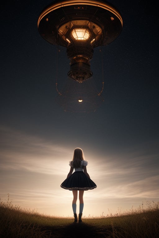 UFO abducting one girl, alt night in far away land,outdoor
 BEST QUALITY, MASTERPIECE, PHOTOREALISTIC:1.9, DRAMATIC LIGHT, infinite mirror background,
,colorful_girl_v2,arshadArt,alluring_lolita_girl,anamr