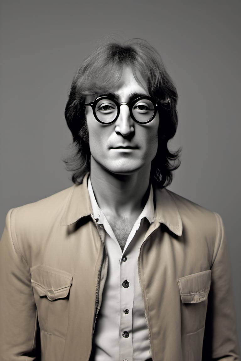 RAW natural photo of john lennon, hungry, no muscles, slim boby, realisct, no friendly, ((full body)), sharp focus, depth of field, shoot, ,side shot, side shot, ultra hd, realistic, vivid colors, highly detailed, perfect composition, 8k artistic photography, photorealistic concept art, soft natural volumetric cinematic perfect light, black background studio,OHWX,OHWX WOMEN 