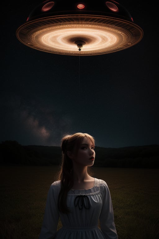 UFO abducting one girl, alt night in far away land,outdoor
 BEST QUALITY, MASTERPIECE, PHOTOREALISTIC:1.9, DRAMATIC LIGHT, infinite mirror background,
,colorful_girl_v2,arshadArt,alluring_lolita_girl,anamr