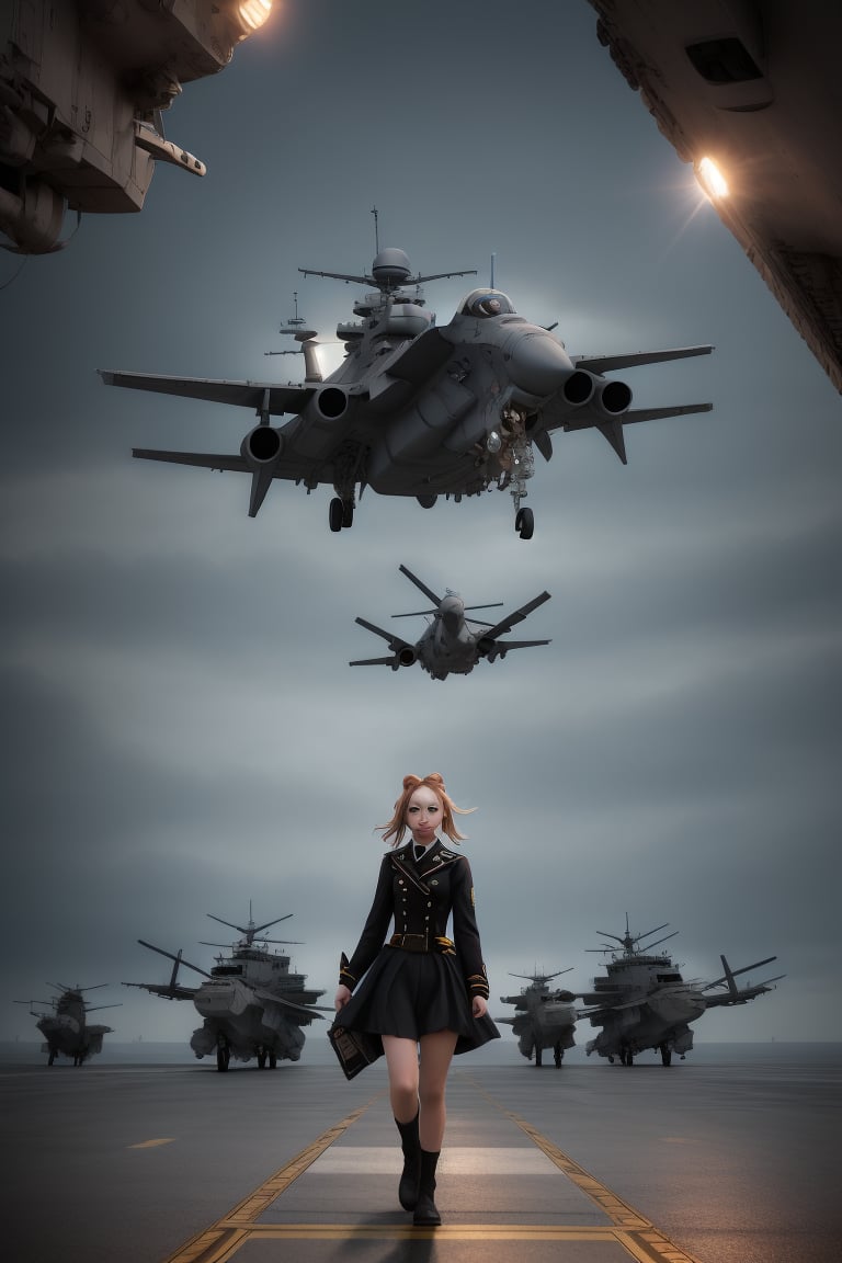 aereal combay, boy air traffic signaler in aircraft carrier, landing combat plane , 
 BEST QUALITY, MASTERPIECE, PHOTOREALISTIC:1.9, DRAMATIC LIGHT, infinite mirror background,
,colorful_girl_v2,arshadArt,alluring_lolita_girl,anamr