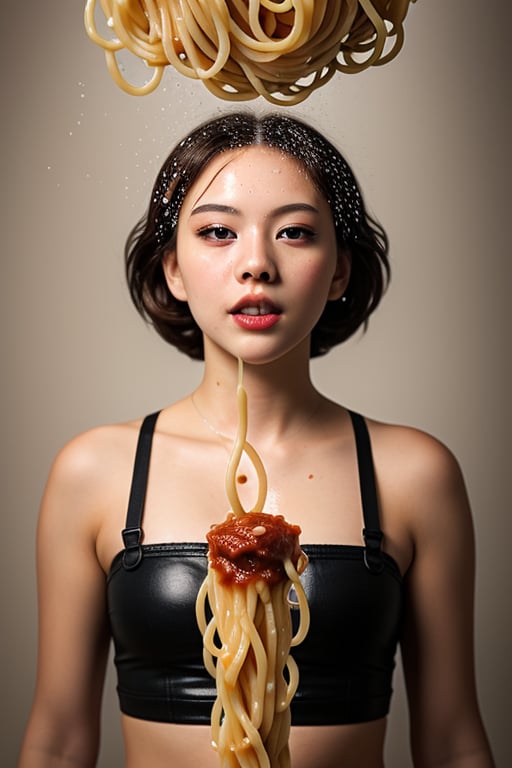 shooting foodstyling, flying tornado of spaghetti, splash of tomato sauce
 BEST QUALITY, MASTERPIECE, PHOTOREALISTIC:1.9, DRAMATIC LIGHT, infinite mirror background,
,colorful_girl_v2,arshadArt,alluring_lolita_girl,anamr