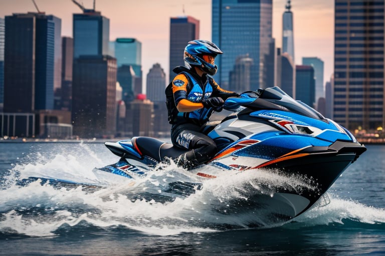 jetski in a port of  new york city i realistic photography, 50mm 1.4f, natural lowlight, high res, dark ,photography,high resolution faces, hiper realistic water, black google helmet, photo more landscape
