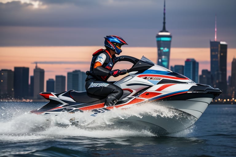 jetski in a port of  new york city i realistic photography, 50mm 1.4f, natural lowlight, high res, dark ,photography,high resolution faces
,MetalAI