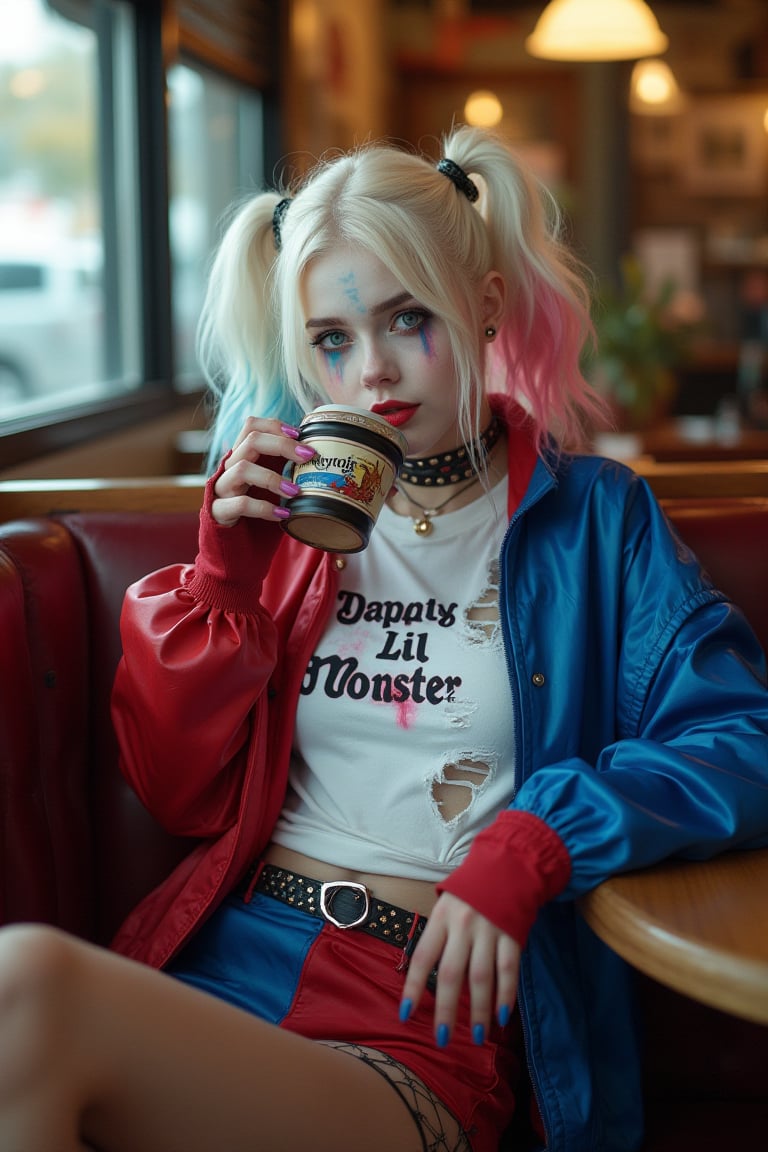 Cinematic Photography, wide shot, full body shot, panorama, 1girl, white_hair, perfect body, skinny waist | She wears a ripped white t-shirt with "Daddy's Lil Monster" written on it. A two-toned, shiny jacket with one sleeve red and the other blue, paired with a short pair of matching blue and red shorts. Accessories include a choker necklace, studded belt, fishnet stockings, and fingerless gloves. Her face is covered with a white, almost clown-like foundation that gives her a pale, dramatic appearance, typical of Harley Quinn’s character. She has heavy, smudged eye makeup, with her left eye shaded in blue and her right eye shaded in red, creating an unbalanced yet edgy look, her makeup is slightly smeared, especially around the eyes. She wears her hair in two high pigtails, her hair is bleached blonde, but each pigtail is dyed a different color at the tips—one side is dipped in bright pink, and the other in blue. | She sits slouched in a cozy coffee shop booth, one leg propped up on the seat, sipping her coffee with a playful grin, her bright eyes scanning the room with a carefree, rebellious air, as if she's ready to stir up trouble at any moment. | Perfect dynamic composition, Perfect Realism Photography, Portrait Photography, Realistic, hyper realistic