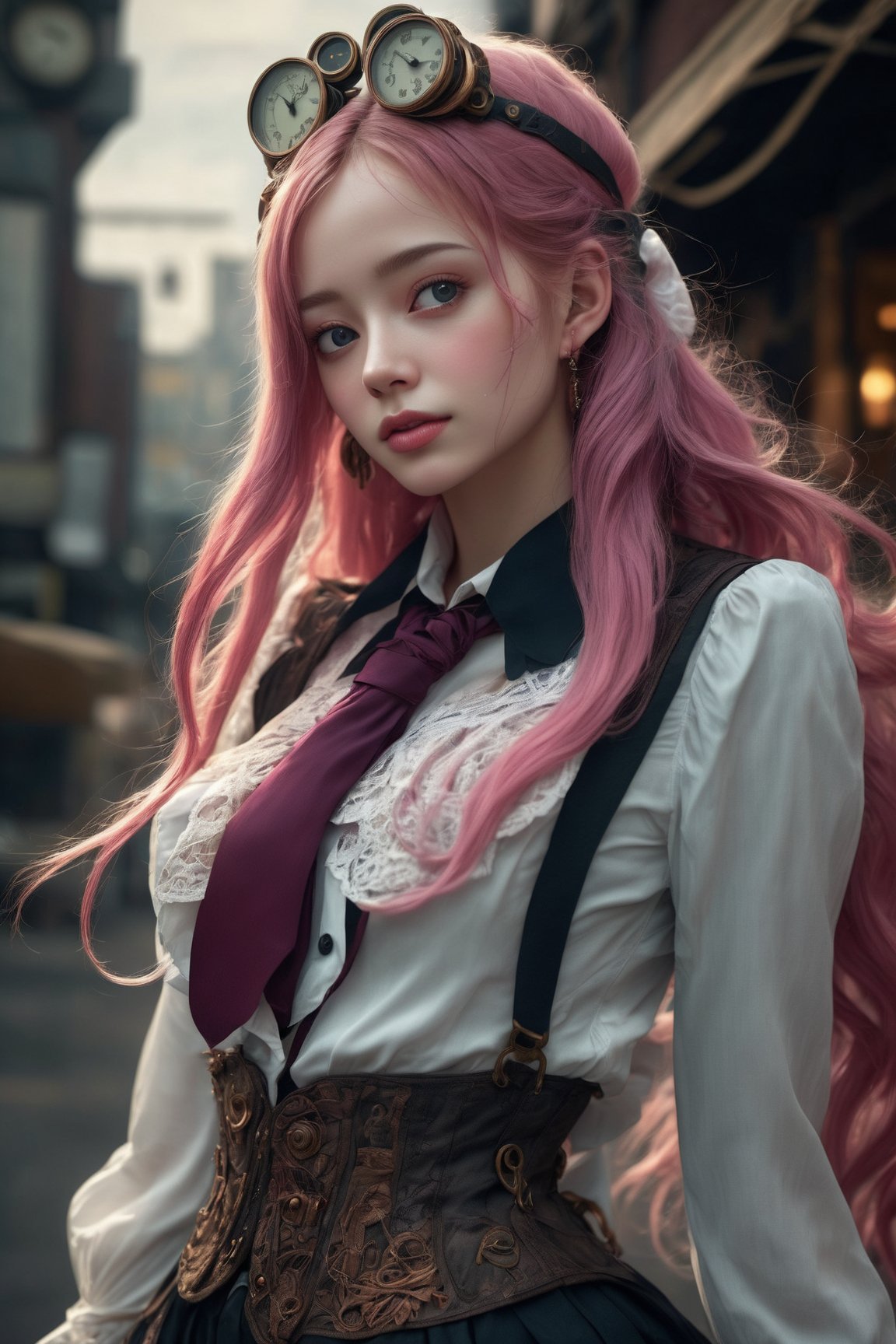 masterpiece, best quality, photorealistic, raw photo, 1girl, long pink hair, big breast, collared blouse, detailed skin, pore, depth of field, in the dark,HZ Steampunk