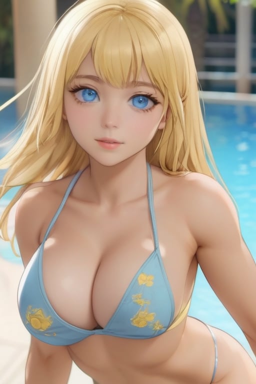 (masterpiece, best quality:1.4), (beautiful, perfect, delicate, detailed, intricate, aesthetic:1.2), 1girl, light_blue_eyes, blond_hair, yellow panties, huge_tits, bikini, 1.6 tall