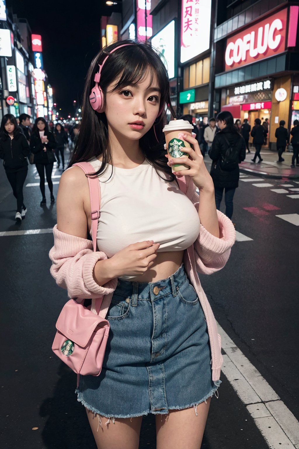 photo of an girl in traffic, tokyo street, high crowd, nighttime, neon lights, solo_focus, solo_female, girl wearing headsets, pink backpack, big_boobs, starbucks coffee in hands, listening to music, casual_dress, fully_clothed, full_body, blured background, distant shot