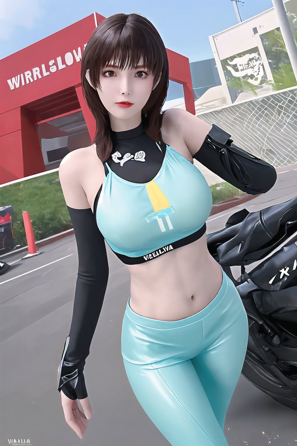 girl, lovely, red long hair, big bust, futuristic building, cyberpunk style clothing, colorful_girl_v2,latex bikesuit,westworld,urban techwear,moe(blue archive),Detailedface,Layla_ML ,Biker suit ,sexy_race_queen,kikigram_97