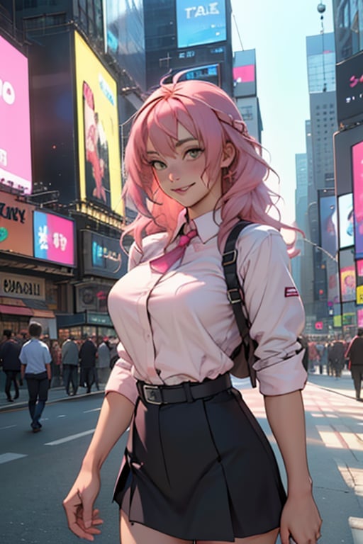 best quality,masterpiece,8k,1girl,(pink hair:1.8),cowboy shot,day,light smile,school uniform,Times Square USA,mitsuri(demon slayer)