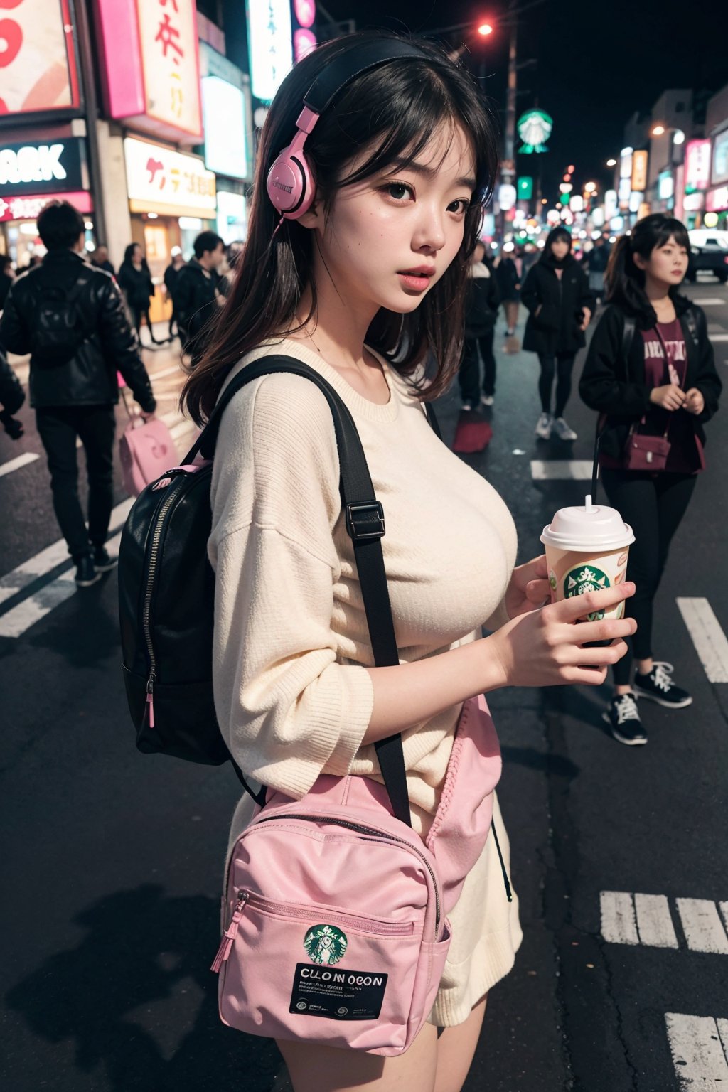 photo of an girl in traffic, tokyo street, high crowd, nighttime, neon lights, solo_focus, solo_female, girl wearing headsets, pink backpack, big_boobs, starbucks coffee in hands, listening to music, casual_dress, fully_clothed, full_body, blured background, distant shot