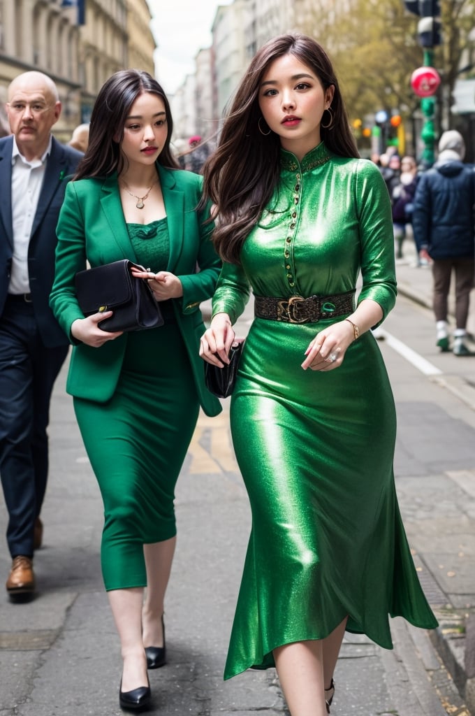 Extreme detail,celebration,St. Patrick's Day,Celtic traditions,girl in green dress,green outfit,black hair,walking through the city,contemplating history