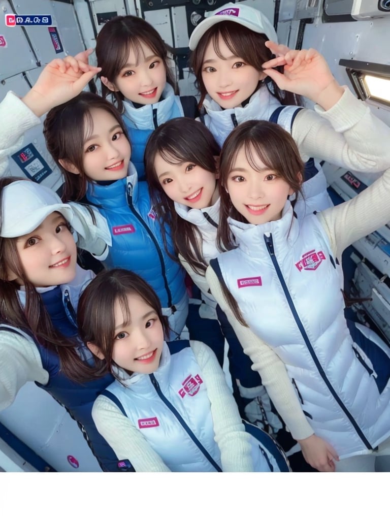 masterpiece, highest quality, High resolution,breasts, 30yo,multiple girls, (waterblue vest):100(navy vest):50,6+ girls, in spacestation , friends, super happy smiling, open mouth, opened eyes, group shot, zoom camera,Astrovest,tnf_jacket,bing_astronaut,astrovest