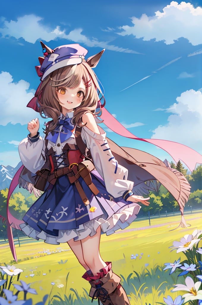 matikane tannhauser (umamusume), (poatrait shot):10,(smile):1.1,(nosebleed):5,BREAK animal ears, horse ears,tail, horse tail,boots,brown hair, white shirt, horse girl,hat,long sleeves,hairclip, blue skirt,brown footwear,hair ornament, brown eyes, puffy long sleeves, blue headwear,bow, frills, streaked hair, blue bow, multicolored hair, puffy sleeves, center frills, frilled skirt, bowtie, knee boots, cabbie hat,pouch, ears through headwear, collared shirt, belt, white hair, medium hair,,BREAK (field of grass,
grassy plains,grasslands,outdoor,daytime,bluesky )