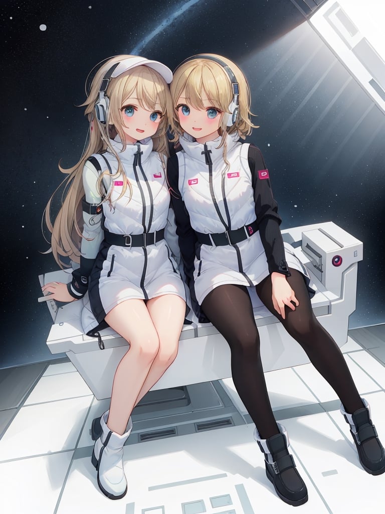 (2 girls):4,group shot,(dynamic pose):1.3,(masterpiece:1.2, best quality), (highly detailed:1.3),headphone,(white downvest):1.1,(puffer vest):1.4,(long down vest),Astrovest,BREAK inside cyberpunk white and blue futuristic space station,BREAK,black long sleeve,perfect model style,
black tights,black belt,snow boots,iwatch,BREAK,sitting on the futurstic bed,kiss,friendship, smiling very happily,beautiful  eyes,tareme-eyes,breakdomain,V-shaped eyebrows,bing_astronaut,blonde long hair BREAK blush:1.3,astrogirl,towards camera, high detail expression,wonderful illustration, high quality, detailed, pixiv illustration, souvenir photo of near-future white and silver space station travel,
