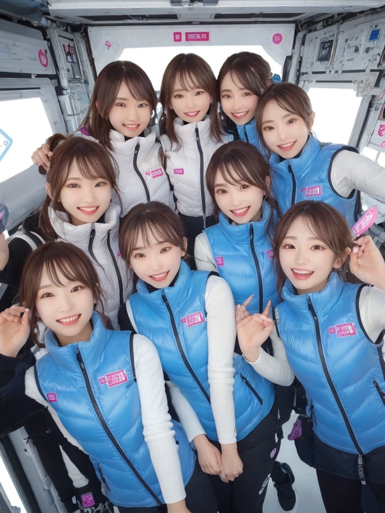 masterpiece, highest quality, High resolution,breasts, multiple girls, (waterblue vest):100(pink vest):50,6+ girls, in spacestation , friends, super happy smiling, open mouth, opened eyes, group shot, zoom camera,Astrovest,tnf_jacket,bing_astronaut,astrovest