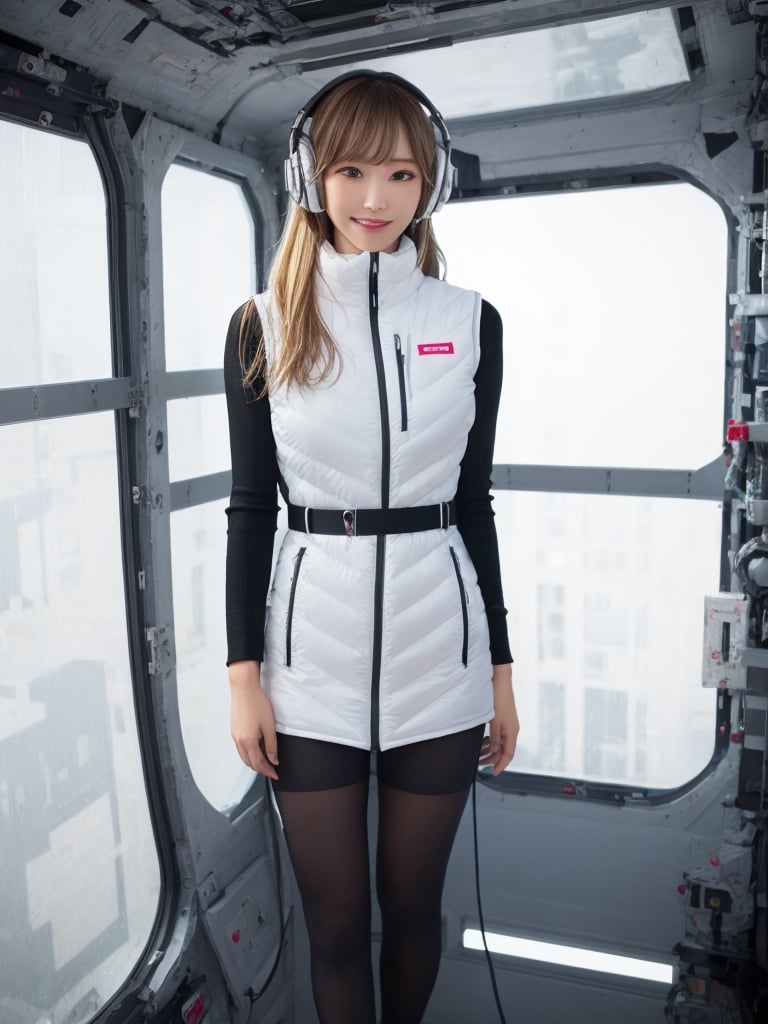masterpiece, highest quality, High resolution, 1girl, solo, long hair,headphone,big breasts, looking at viewer, smile,shiny latex white astrovest,downjacket,downskirt,blonde hair,long hair, brown eyes, black ,belt,black tights,black long sleeves,medium breasts,japanese women, standing, blurry, dark-skinned female, lips, bodysuit, blurry background, hidden hands,astrovest,BREAK white futuristic room, building, scenery, reflection, science fiction,spacecraft, holographic interface 