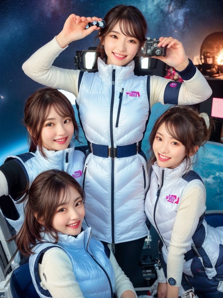 masterpiece, highest quality, High resolution,breasts, 30yo,multiple girls, (waterblue vest):100(navy vest):50,6+ girls, in spacestation , friends, super happy smiling, open mouth, opened eyes, group shot, zoom camera,Astrovest,tnf_jacket,bing_astronaut,astrovest