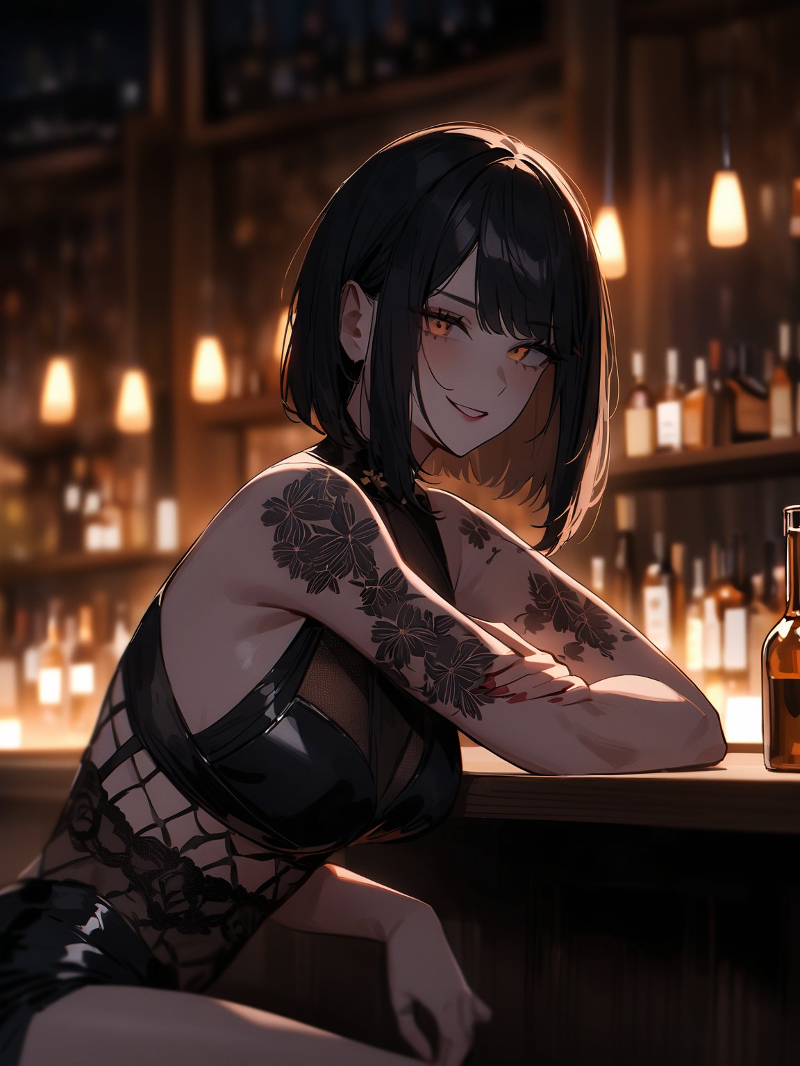 A woman with a cherry blossom tattoo on her arm, sitting at a bar, wearing a flashy, elaborate outfit. She has an confident, alluring expression on her face as she sits at the dimly lit bar, her tattoo visible. The background is blurred, with hints of the bar's atmosphere visible. The image has a moody, atmospheric feel, emphasizing the woman's striking appearance and the setting
