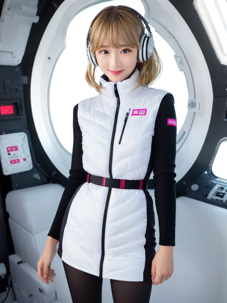 masterpiece:1.2, best quality, (highly detailed:1.3), (glamour:1.2), photo of a beautiful young woman with messy, on a luxurious spacecraft  interior, (hidden hands):3,BREAK wearing astrovest, (shiny white astrovest):2,BREAK blonde hair,long hair,wind, headphone, smile,happy,(blush, blemishes:0.6), (goosebumps:0.5), BREAK black belt,black sleeve,black tights, BREAK subsurface scattering , iridescent eyes, detailed skin texture, hourglass body shape, textured skin, realistic dull skin noise, visible skin detail, skin fuzz, dry skin, petite, photorealistic, remarkable color, (photorealistic, SFW:1.3), (upper_body from hips framing :1.3), dramatic lighting, golden_ratio, rule_of_thirds, Fujicolor_Pro_Film, BREAK futuristic bedroom,in spacestation,in spacecraft,BREAK astrovest,background,astrovest,tnf_jacket,Astrovest