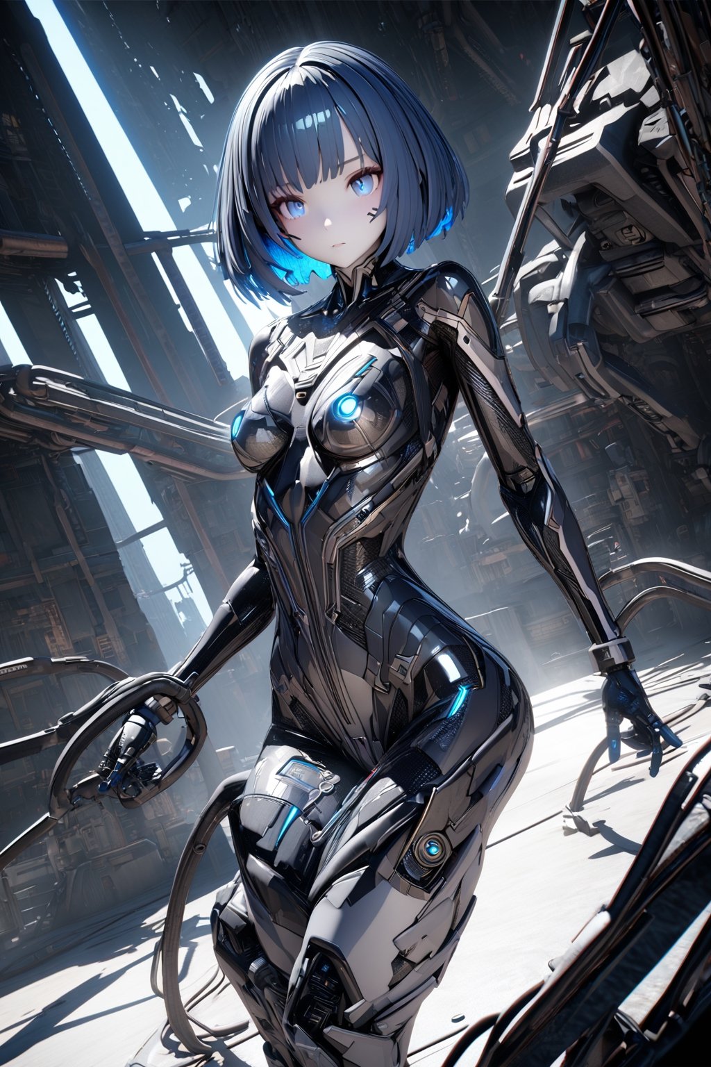 1girl, a robot girl, bob cut, short electric blue hair, glowing blue eyes, white skin, white metal skin, standing in a machine that repairs her. Cables connect the robot girl with the machine. Robot arms hold the girl. Some parts of her body are opened for repair ((masterpiece)), 3D, ((best quality)), (ultra-detailed), ((extremely detailed cg)), ((an extremely delicate)), (perfect lighting), ((8k)), (dynamic angle), (sharp image), (masterpiece, best quality, ultra detailed),more_details:1.5,robot tight suit
