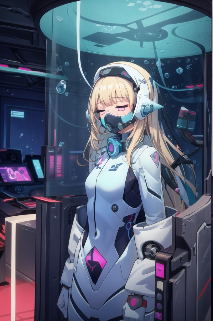 (best quality), (highly detailed), masterpiece, (official art),(noelle_silva, blonde hair, close eyes,long hair, bangs), lips, ((stasis tank)), (((underwater))), bubbles, mind control, air bubble, ((submerged, stationary restraints)),  plugsuit, tight-fit,spacesuit, collar,restrained, science fiction, pink theme, astrovest:3, cable,  stationary restraints, blurry background,depth of field, best quality, masterpiece, intricate details, tonemapping, sharp focus, hyper detailed, trending on Artstation,stasis tank,astrovest