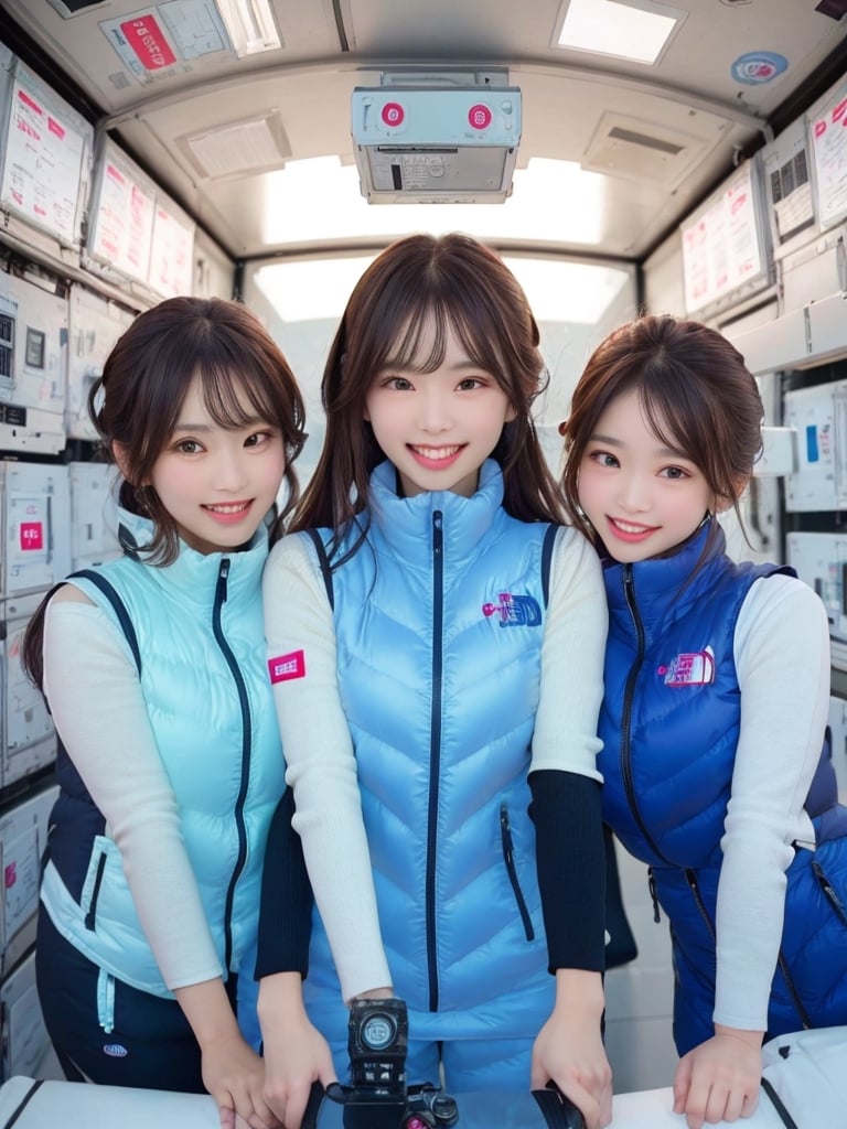masterpiece, highest quality, High resolution,breasts, 30yo,multiple girls, (waterblue vest):100(navy vest):50,6+ girls, in spacestation , friends, super happy smiling, open mouth, opened eyes, group shot, zoom camera,Astrovest,tnf_jacket,bing_astronaut,astrovest