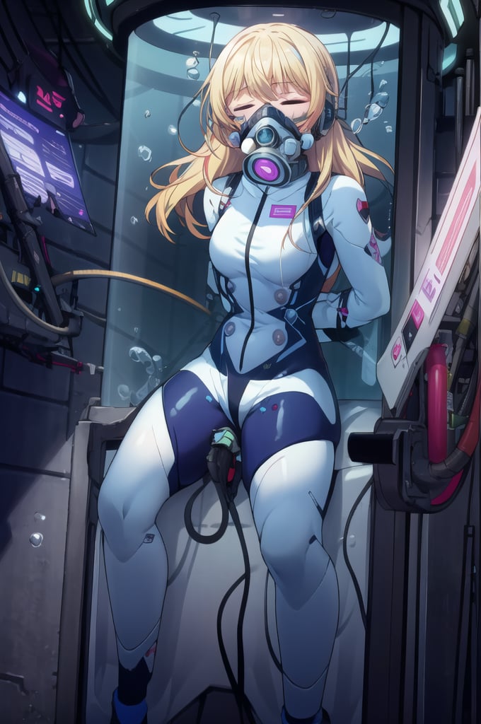 (best quality), (highly detailed), masterpiece, (official art),(noelle_silva, blonde hair, close eyes,long hair, bangs), lips, ((stasis tank)), (((underwater))), bubbles, mind control, air bubble, ((submerged, stationary restraints)), (gas mask):3, plugsuit, tight-fit,spacesuit, collar,restrained, science fiction, pink theme, astrovest:3, cable,  stationary restraints, blurry background,depth of field, best quality, masterpiece, intricate details, tonemapping, sharp focus, hyper detailed, trending on Artstation,stasis tank,astrovest