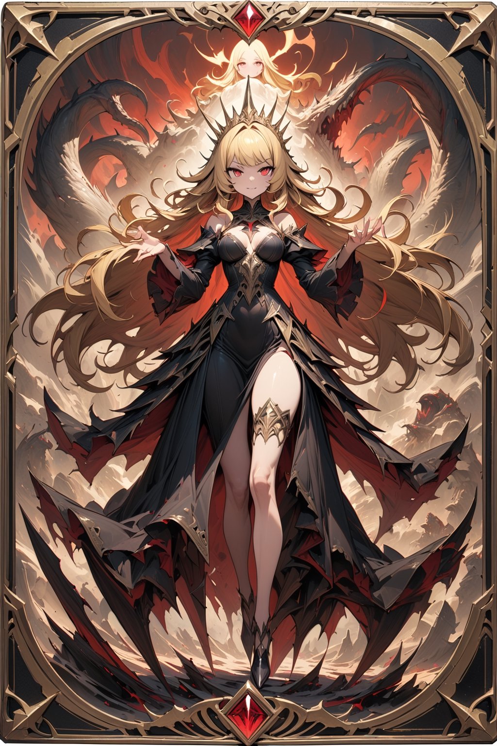 (masterpiece:1.4), ((best quality, 8k, ultra-detailed)), vanpire girl,red eyes,blonde long hair,black dress,load,, monster illustration, beautiful, full body, in TCG Card frame,high-handed, princess,satanic laughter