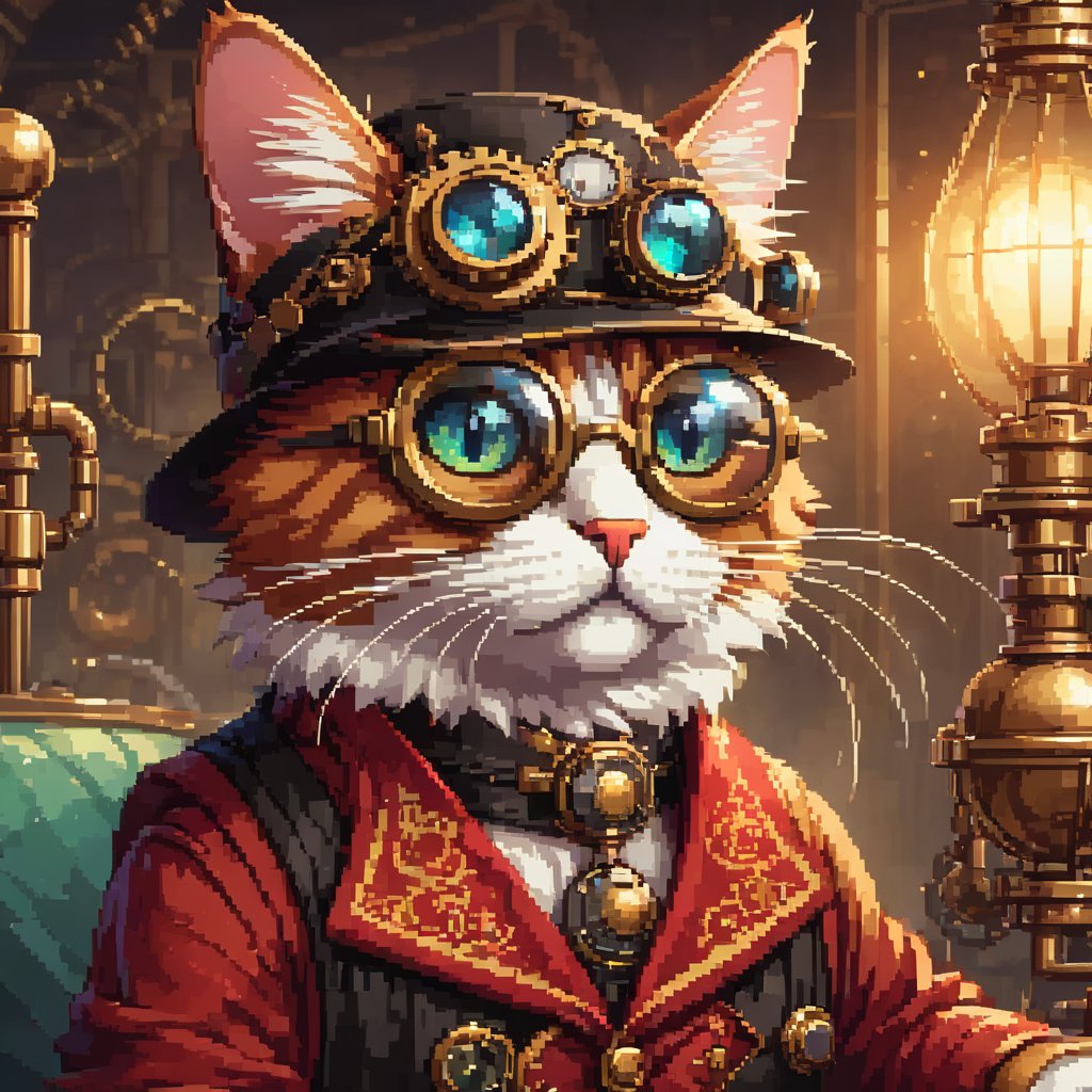 1 cat with eye glasses, HZ Steampunk,pixel,